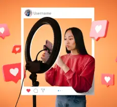  A woman records a video with a smartphone and ring light, framed within a social media post graphic with floating like icons